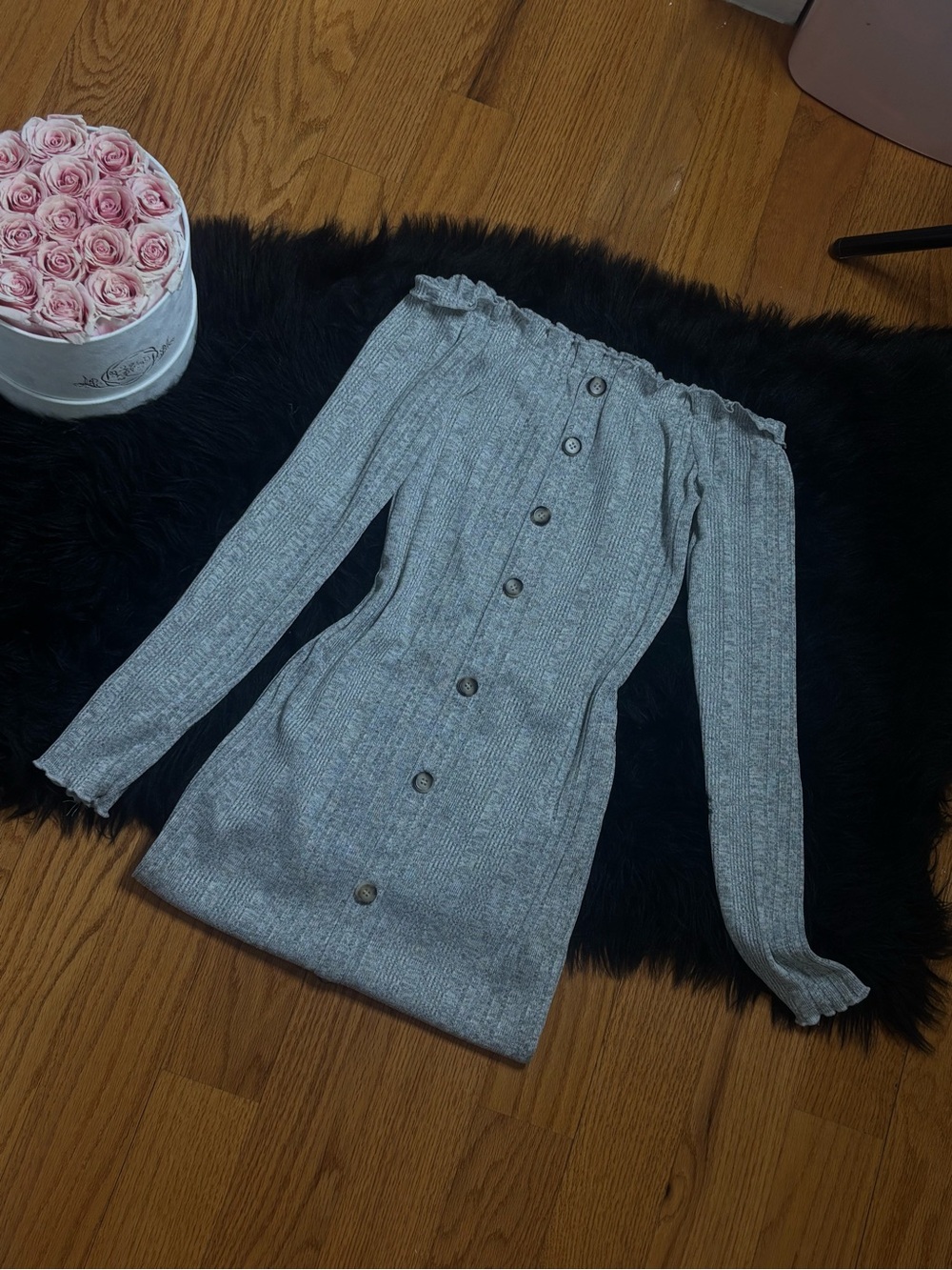 Closet Gray Off-Shoulder Button-Front Ribbed Sweater Dress